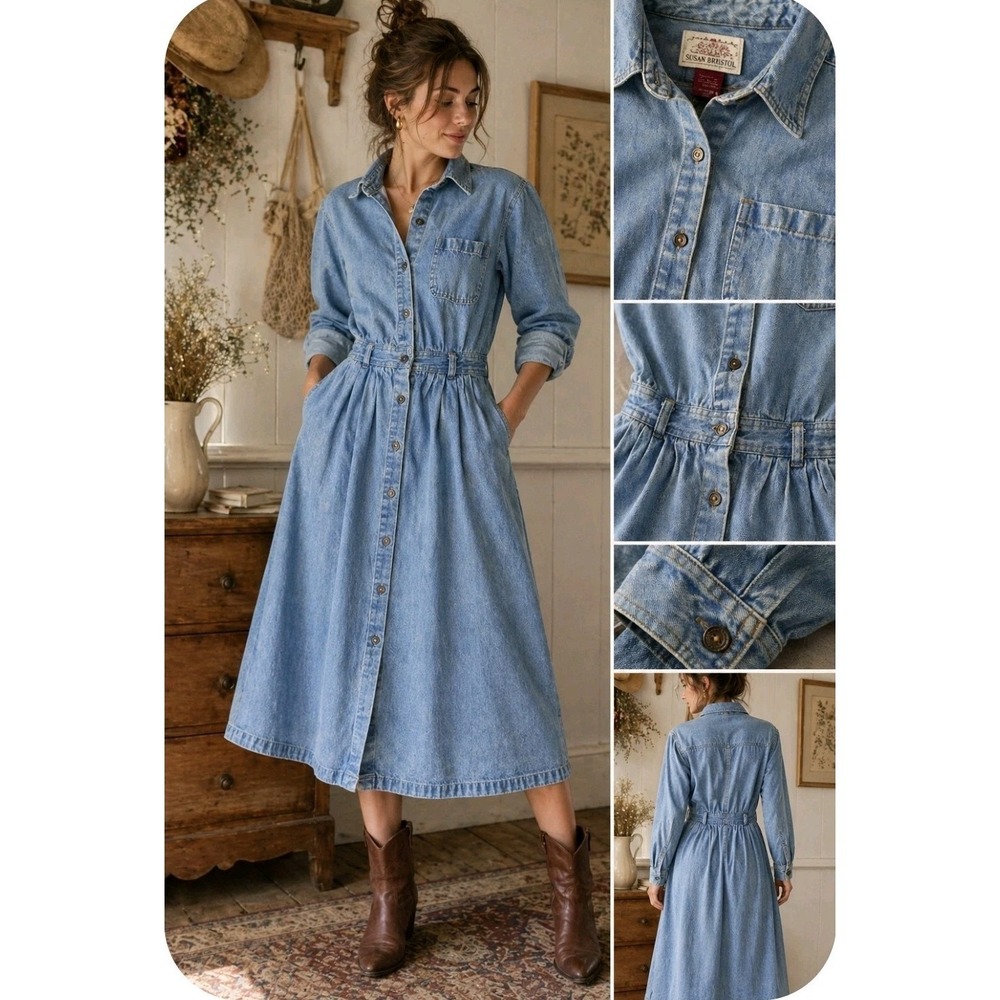 Vintage Susan Bristol Denim Midi Button Front Cinched Waist Long Sleeve Dress S